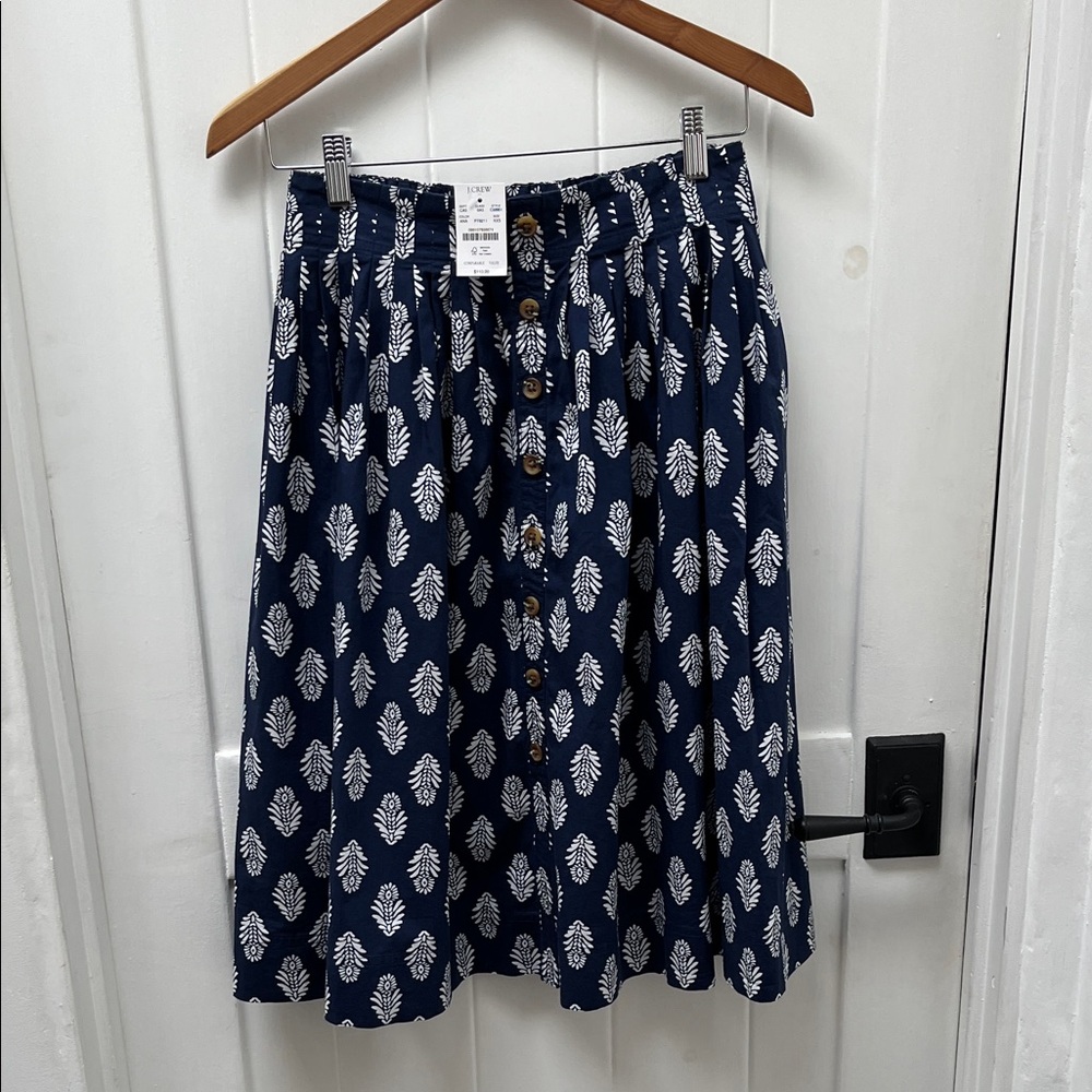 NWT J. Crew Navy Skirt with White Botanical Print and Button Front